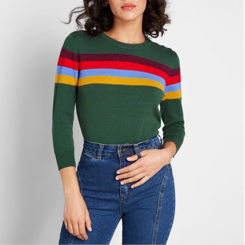 ModCloth Charter School Striped Crewneck Pullover Sweater Green Multi Stripe L